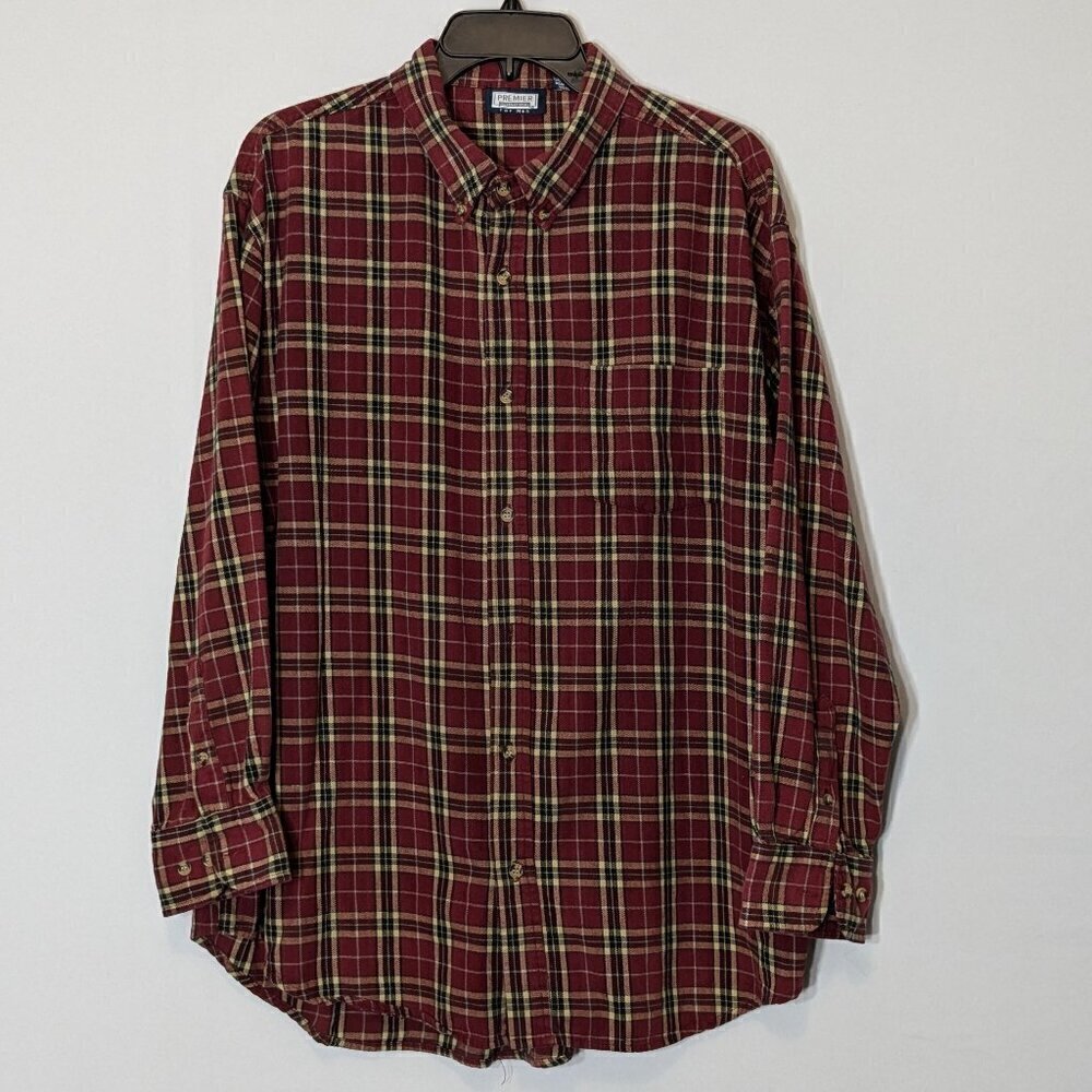 PREMIER INTERNATIONAL Red Plaid Long Sleeve Flannel Button Work Shirt; Size XL